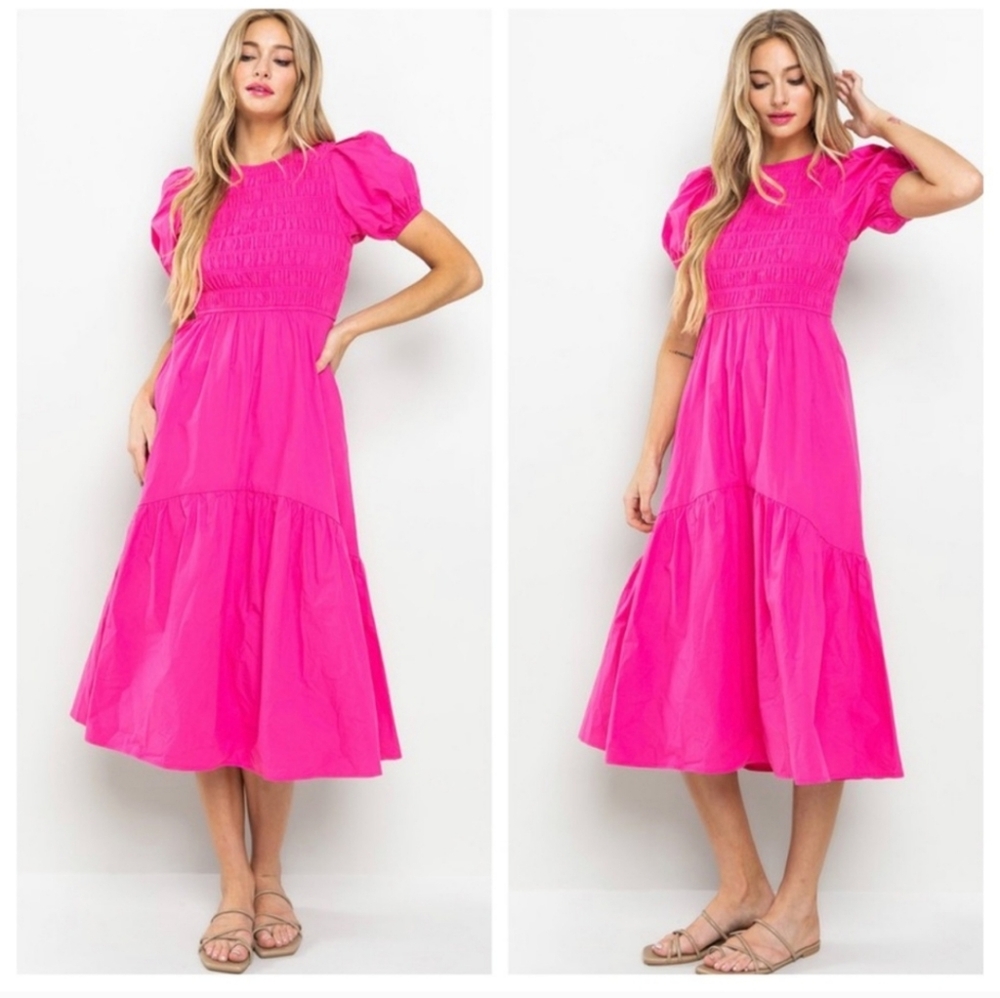 Summer Vibrance - Pink Smocked Puff Sleeve Midi Dress
